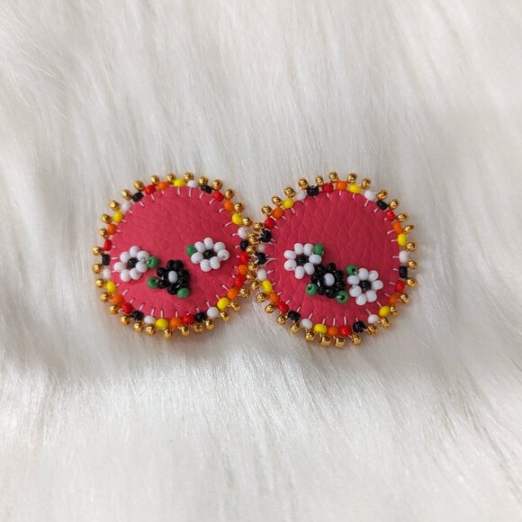 Cute Flowers Beaded on Vegan Leather - Pink - Picture 1 of 3